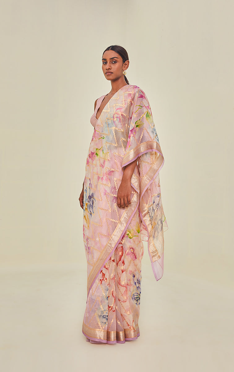 DENMOUS Zari Organza Sari - 5,5m Türkis/Blau Mit Blusenteil