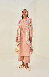 Chanderi Printed Sleeveless Dress With Soft Summer Jacket