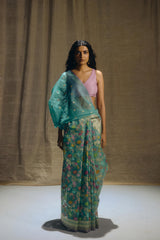 Real Zari Sea Green Banarasi Organza Sari