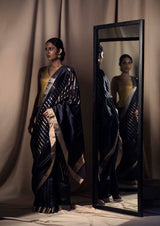 Navy Blue Chanderi Jaamdani  Silk Sari