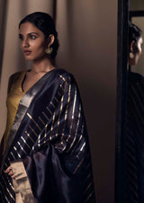 Navy Blue Chanderi Jaamdani  Silk Sari
