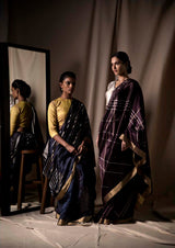 Navy Blue Chanderi Jaamdani  Silk Sari