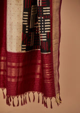 Off White-Maroon Double Ikat Silk Dupatta
