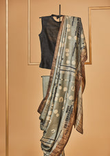 Grey Tassar Silk Printed Sari