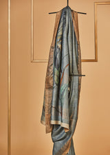 Grey Tassar Silk Printed Sari