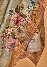 Grey Tassar Silk Printed Sari
