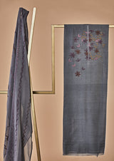 Grey Chanderi Unstitched Suit Set with Hand Embroidery