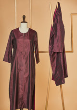 Silk Embroidered Burgundy Jacket with Kurta and Pants