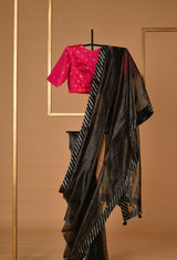 Black Chanderi Silver Zari Sari