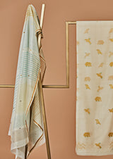 Yellow & Blue Chanderi Unstitched Suit Set Print & Embroidery from our collection "Lakeerein"