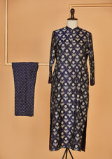 Banarasi Silk Navy Kurta with Pants