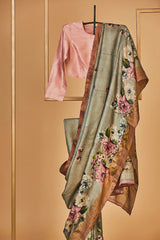 Grey Tassar Silk Printed Sari
