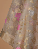 Beige Chanderi Jaamdani Dupatta with Silver-Gold Floral Jaal