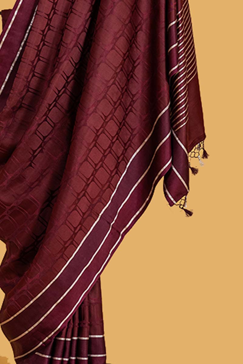 Wine Banarasi Jaamdani Satin Silk Sari