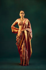 Dull Gold-Silver and Maroon Silk Kanjivaram Sari