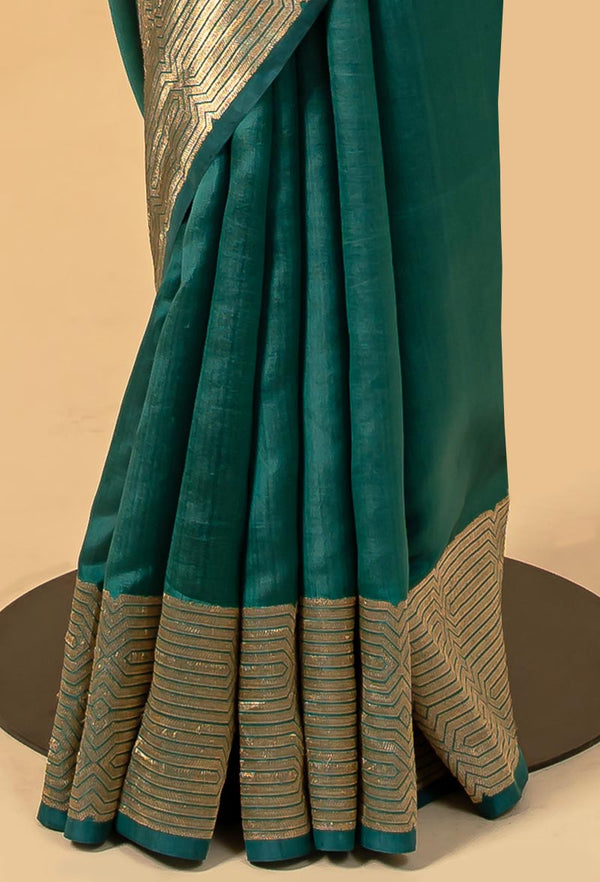 Deep Peacock Blue Banarasi Silk Sari