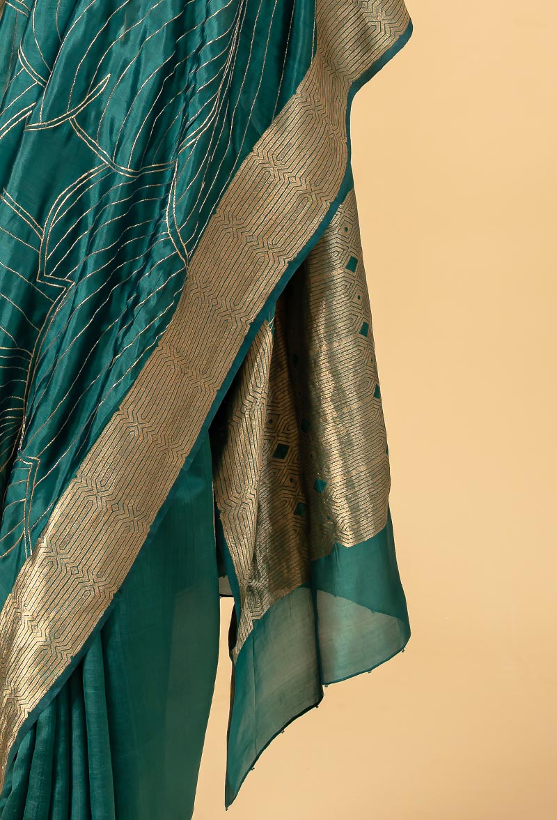 Deep Peacock Blue Banarasi Silk Sari