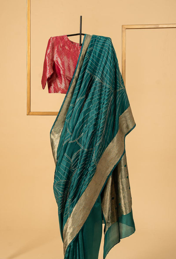 Deep Peacock Blue Banarasi Silk Sari