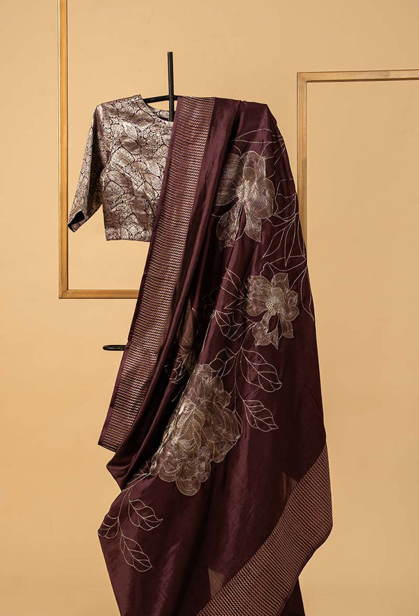 Wine Banarasi Silk Sari with embroidery