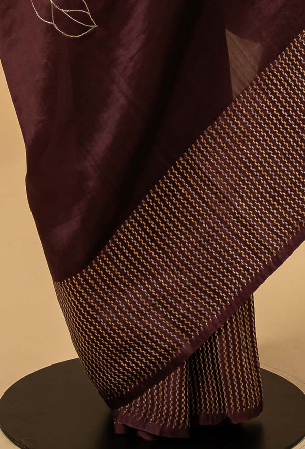 Wine Banarasi Silk Sari with embroidery