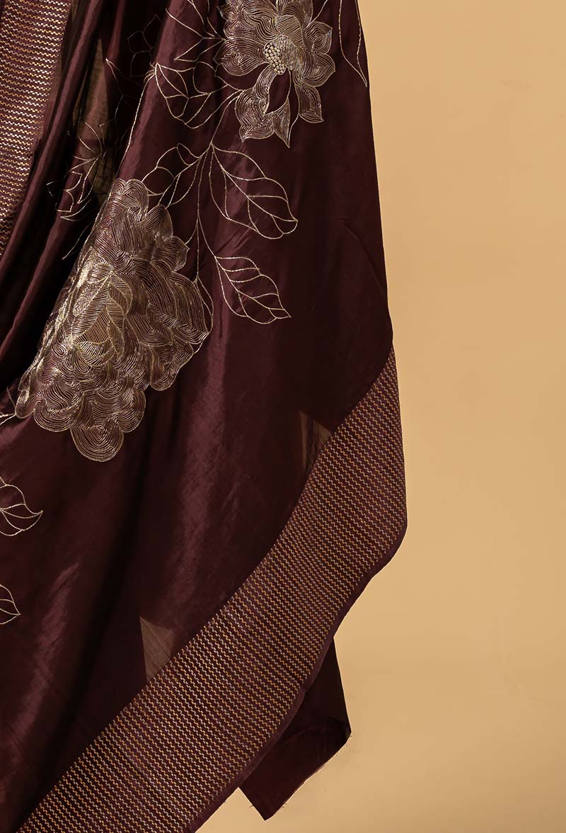 Wine Banarasi Silk Sari with embroidery
