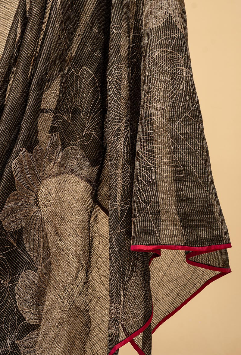 Black Embroidered Chanderi Tissue Sari