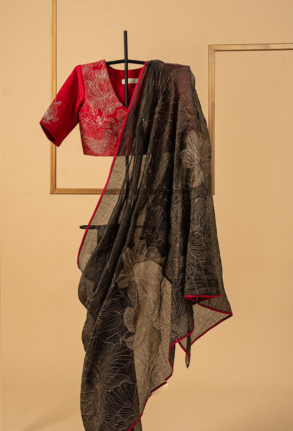 Black Embroidered Chanderi Tissue Sari