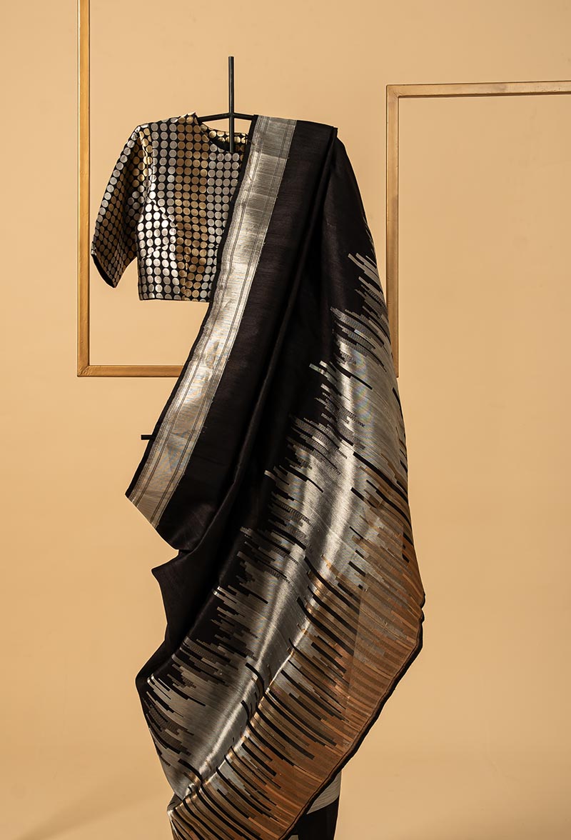 Black gold-silver Banarasi Silk Sari