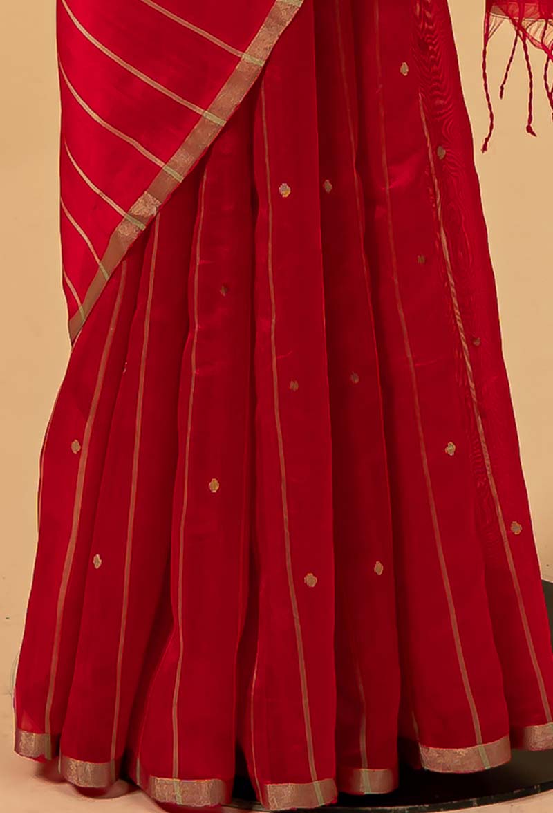 Carmine Red Chanderi Silk Jaamdani Sari