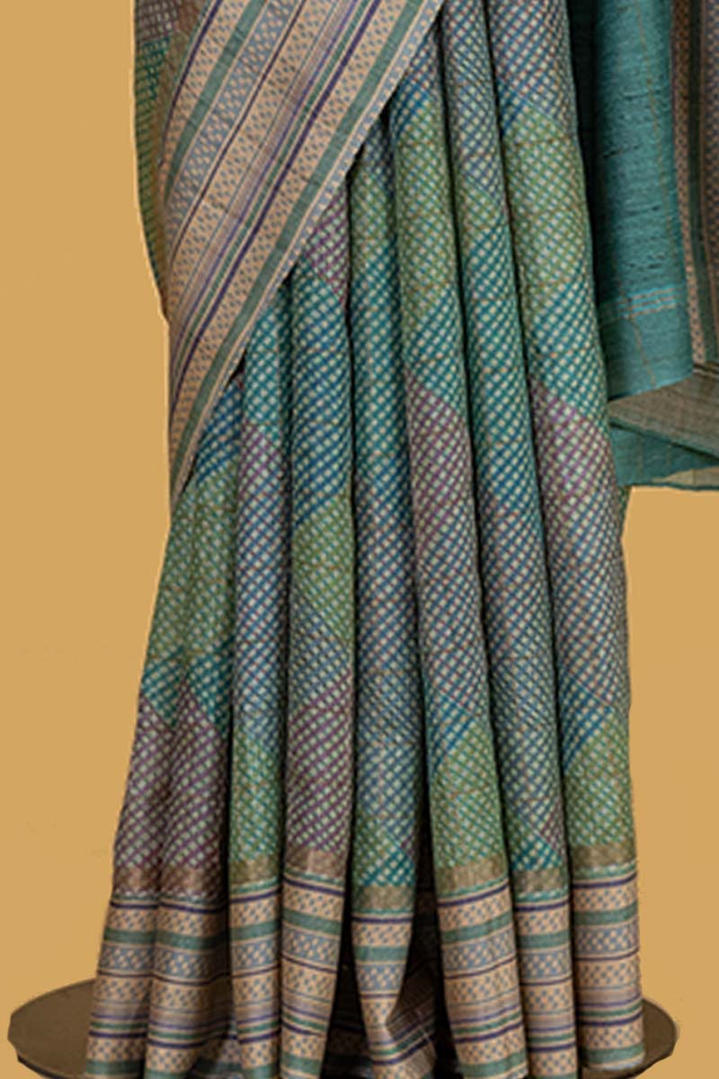 Blue Tussar Printed Sari