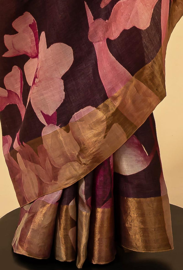 Wine Tussar Printed Sari