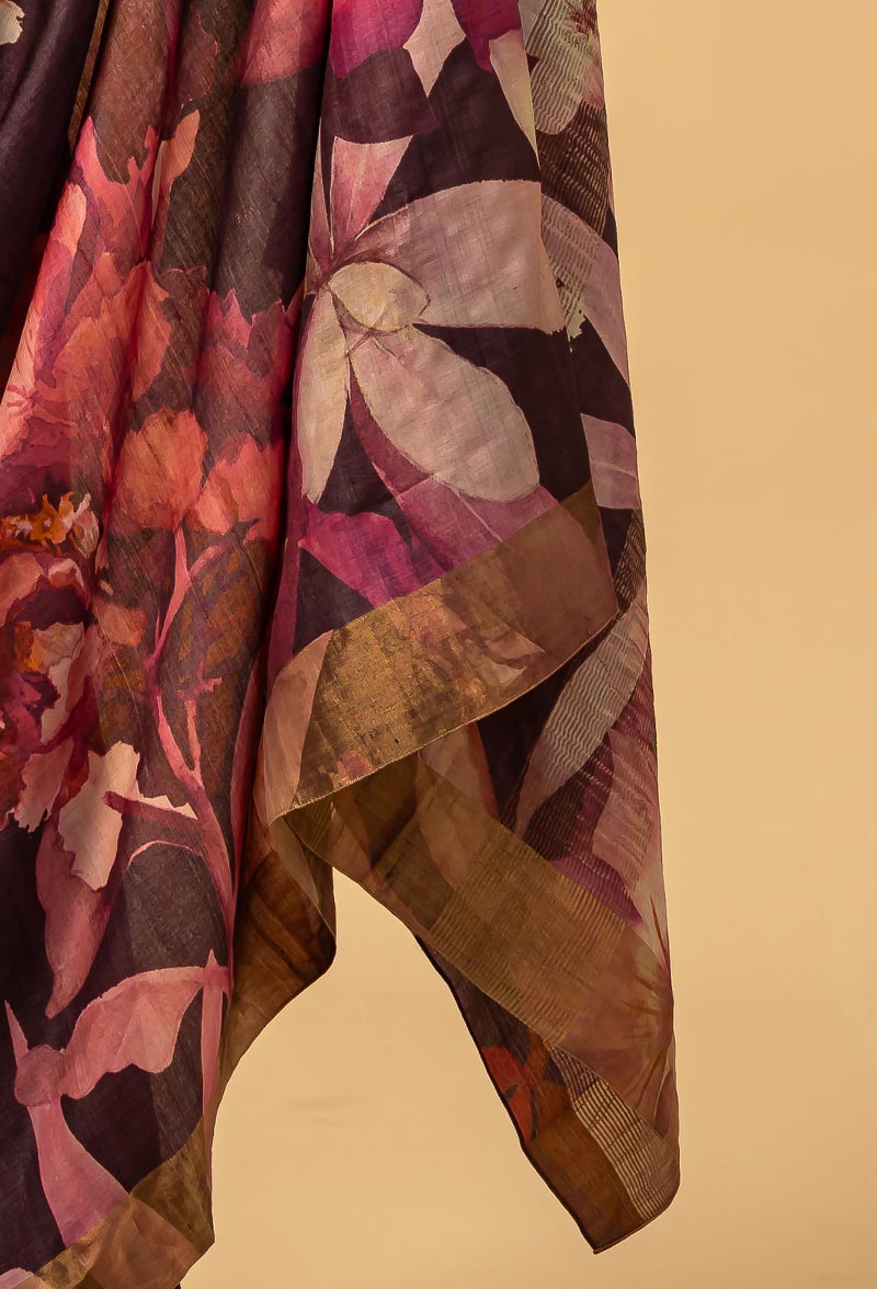 Wine Tussar Printed Sari