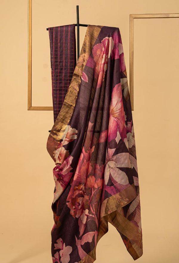 Wine Tussar Printed Sari