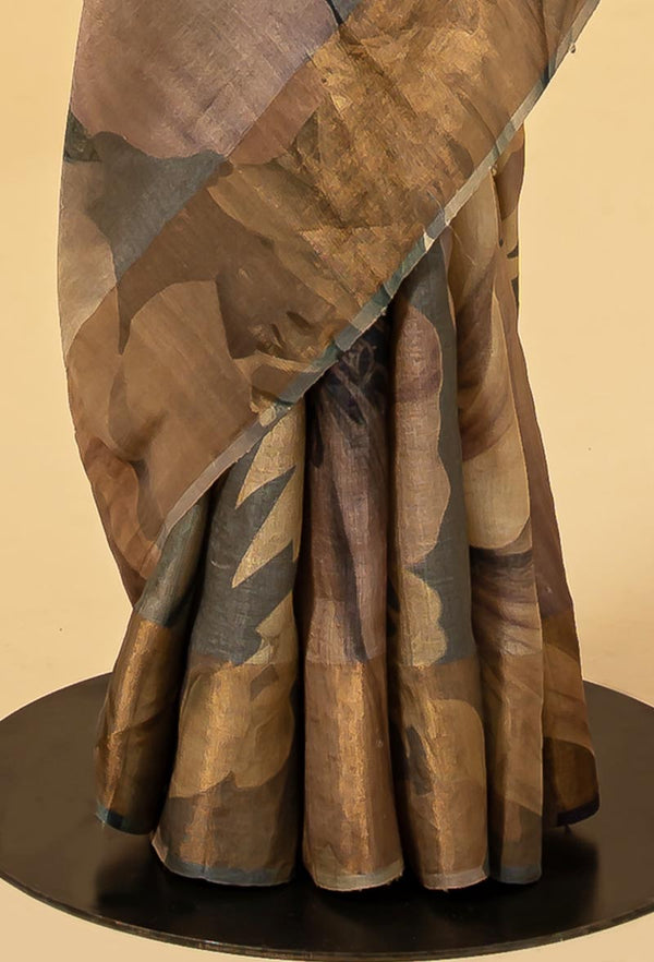 Frost Gray Tussar Printed Sari