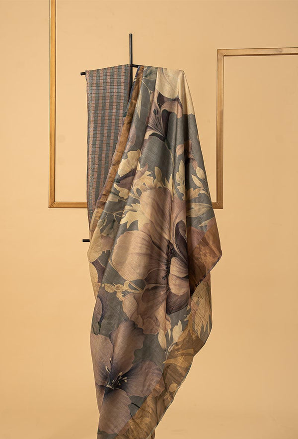 Frost Gray Tussar Printed Sari