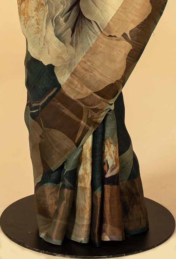 Olive Green Tussar Printed Sari