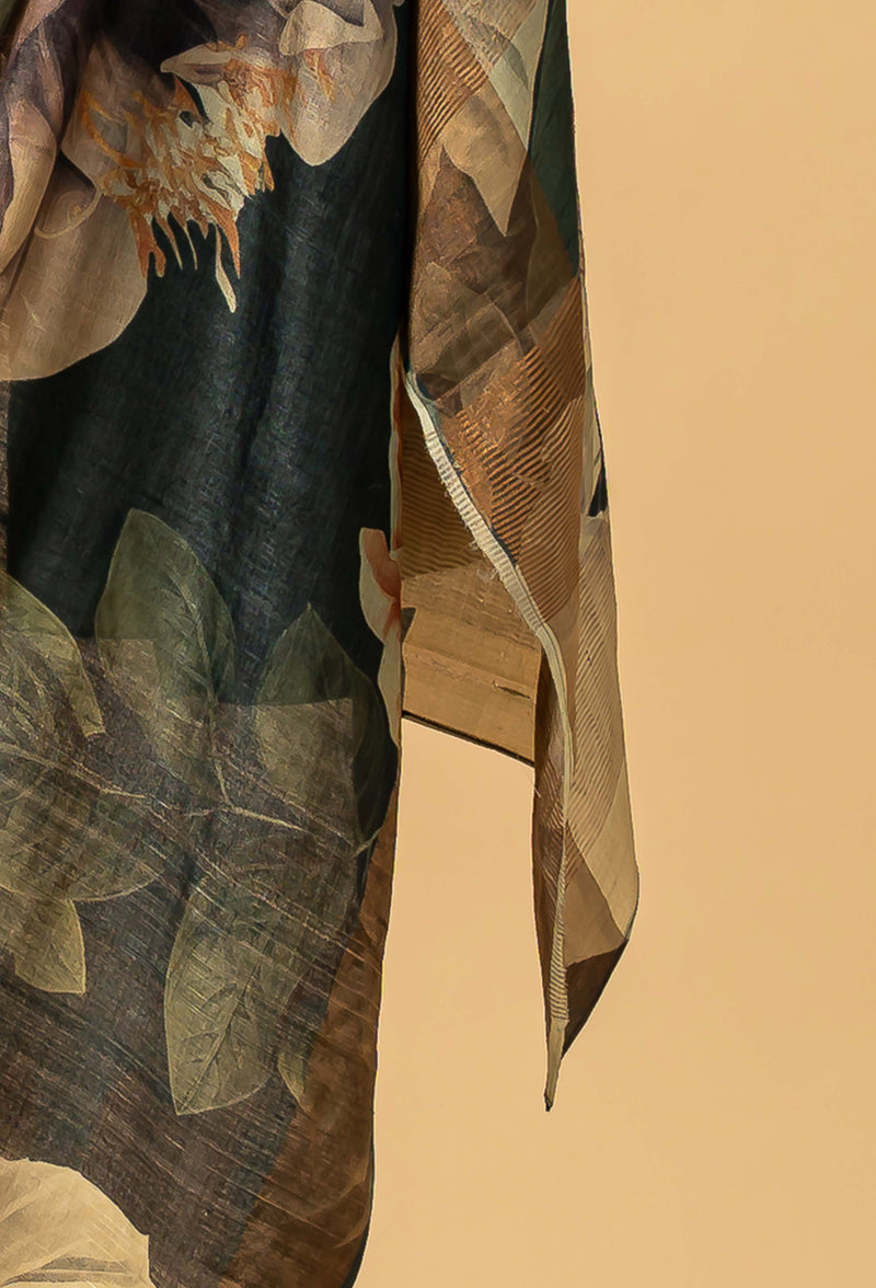 Olive Green Tussar Printed Sari