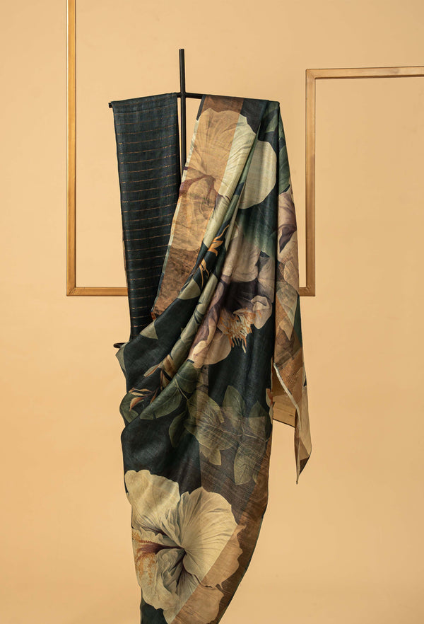 Olive Green Tussar Printed Sari