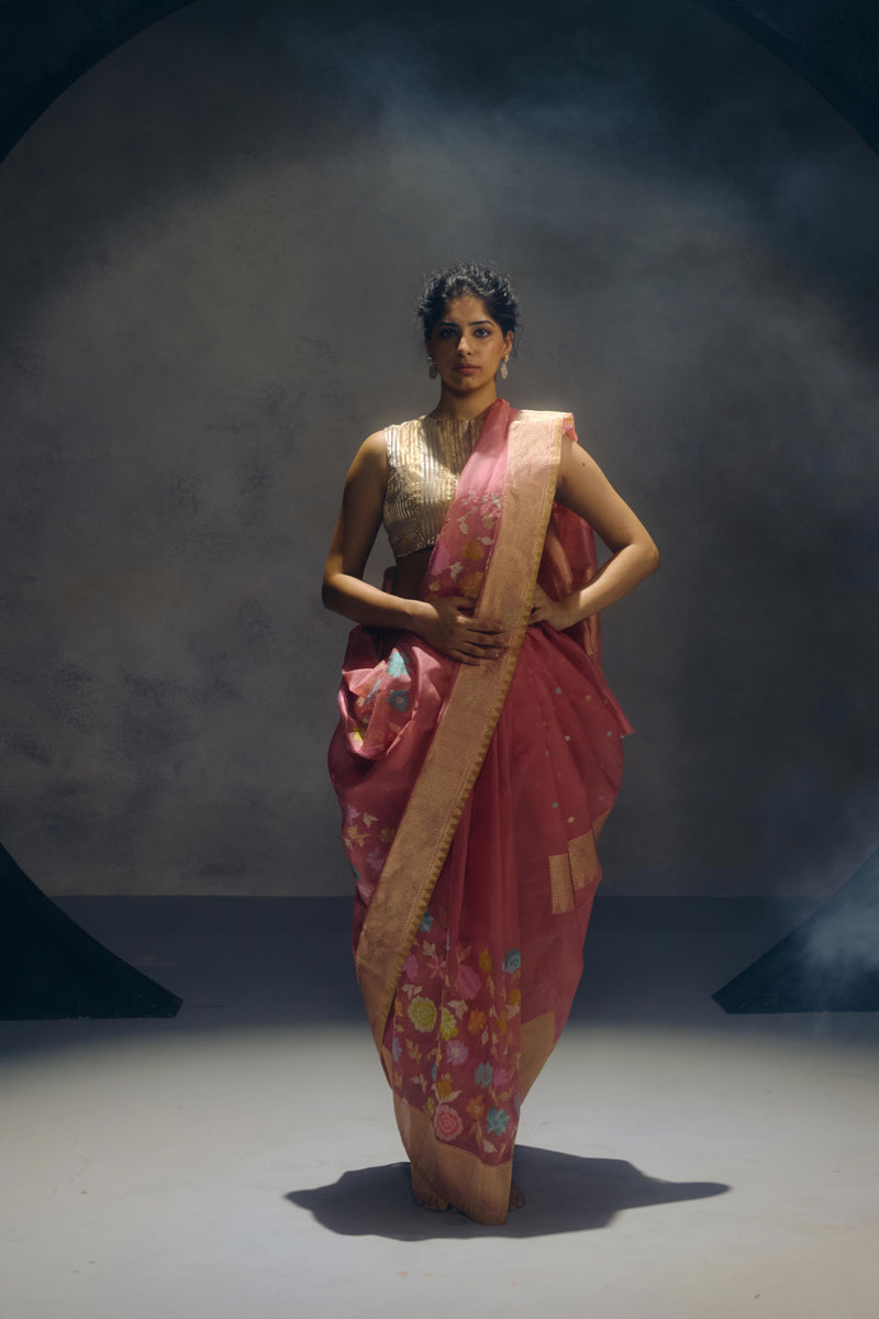Dusty Pink Banarasi Organza Sari
