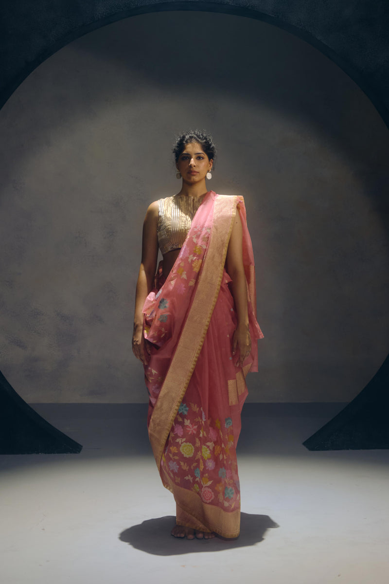 Dusty Pink Banarasi Organza Sari