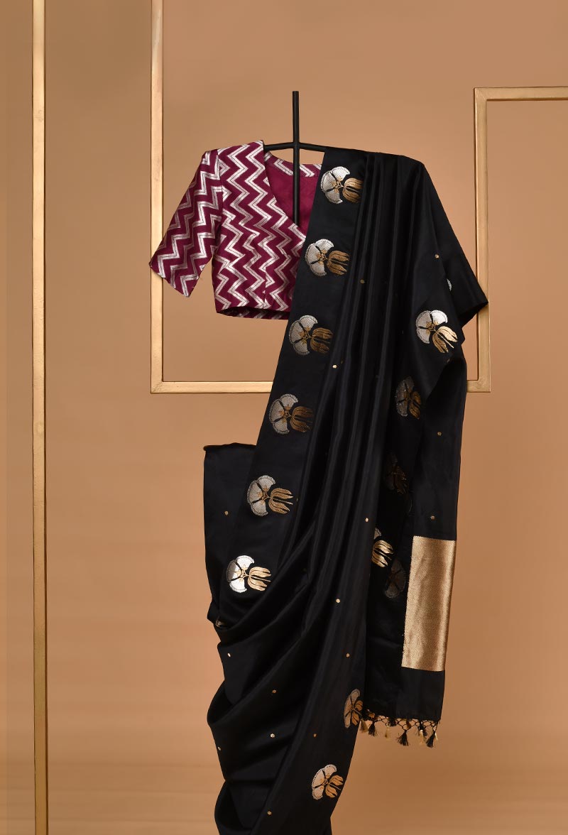 Black Banarasi Silk Jaamdani Sari