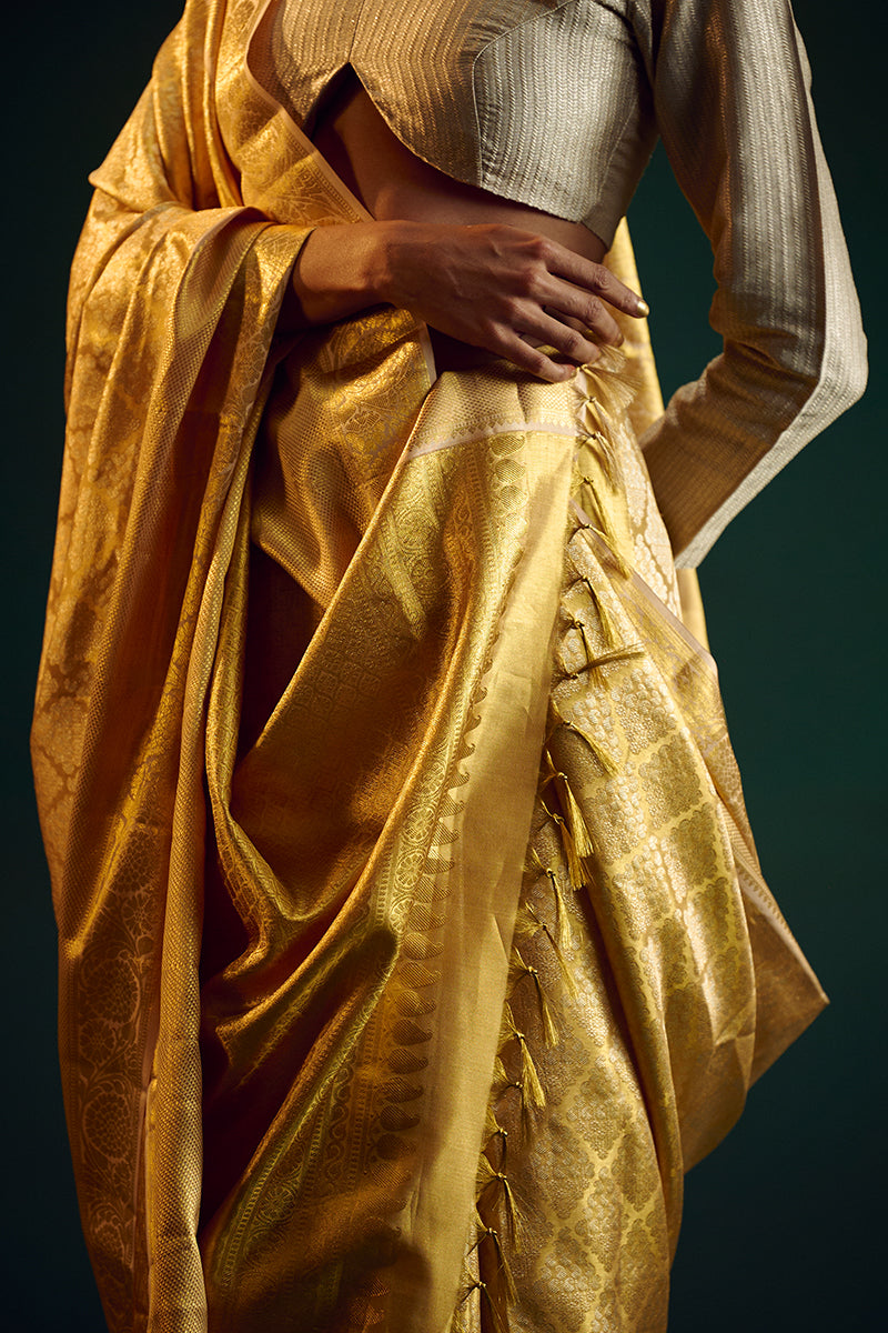 Dull Gold-Silver Silk Kanjivaram Sari
