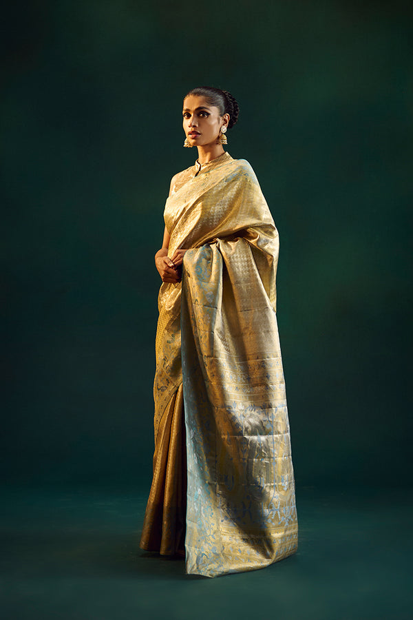 Dull Silver-Gold Silk Kanjivaram Sari