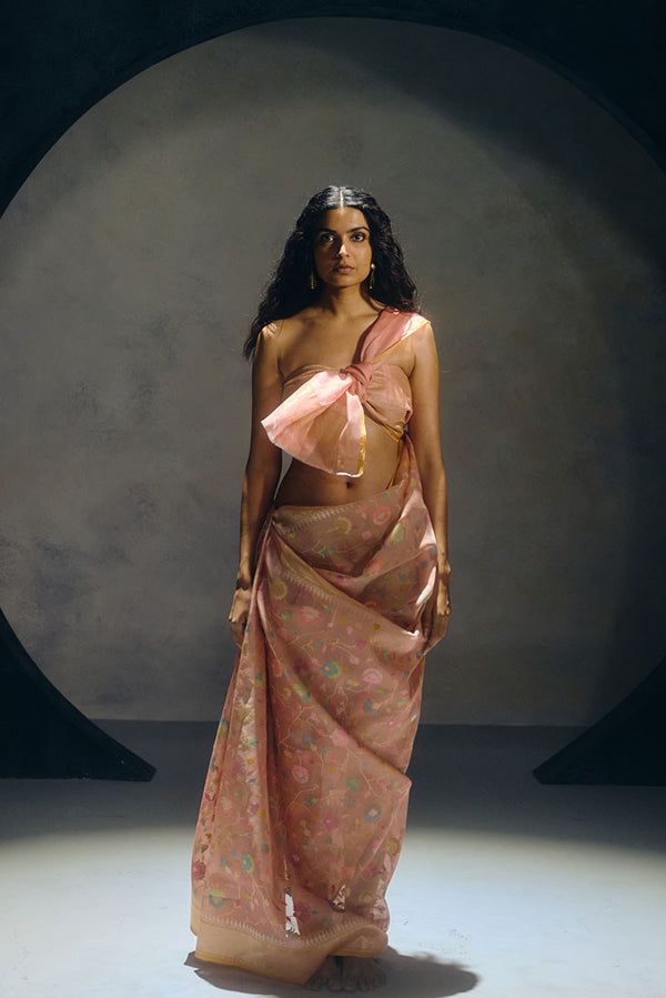 Real Zari Peach Banarasi Organza Sari