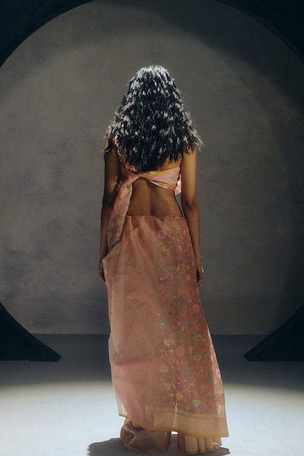 Real Zari Peach Banarasi Organza Sari