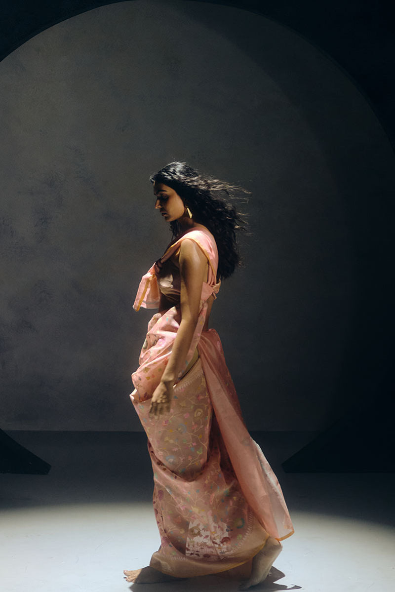 Real Zari Peach Banarasi Organza Sari
