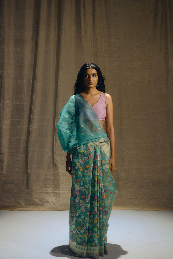 Sea Green Banarasi Organza Sari