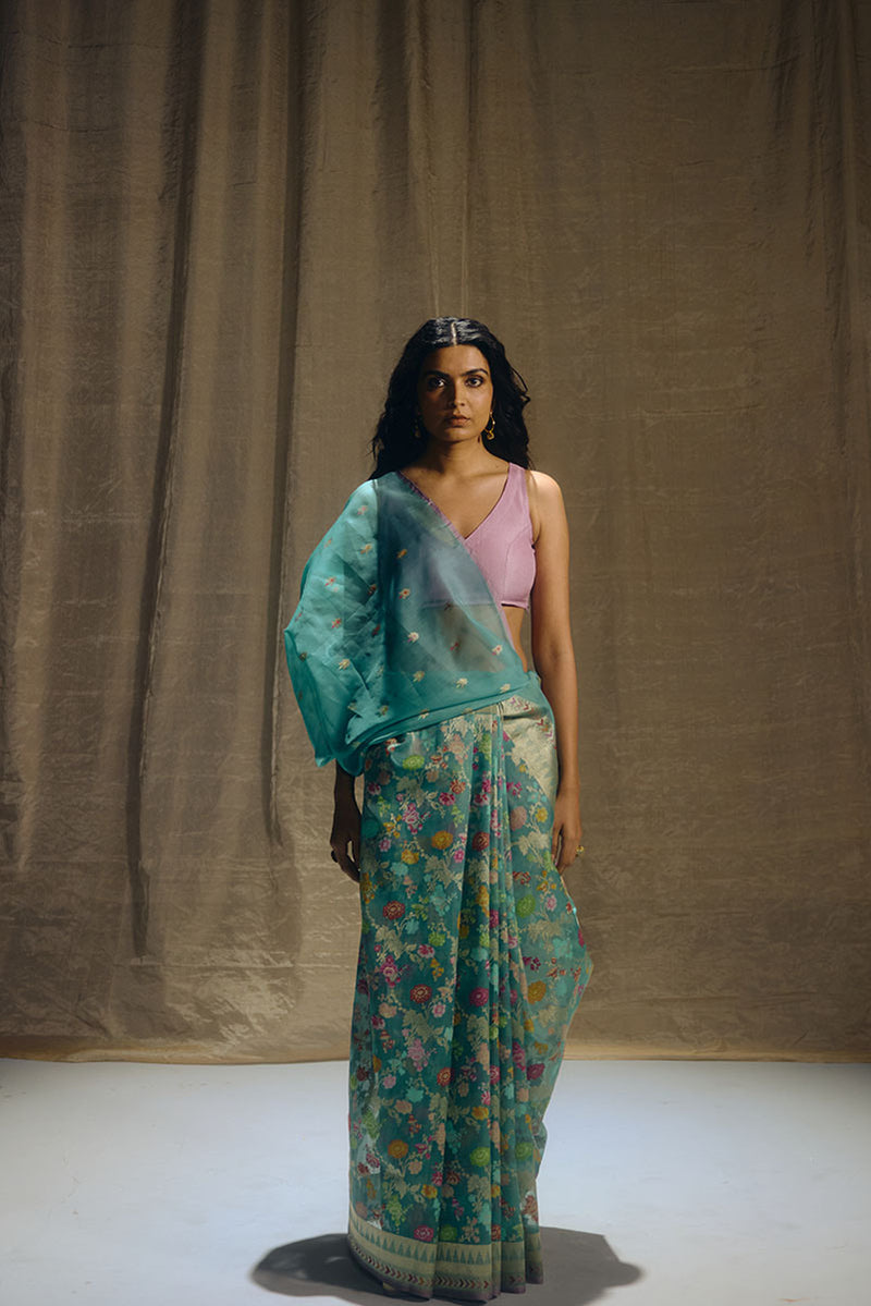 Sea Green Banarasi Organza Sari