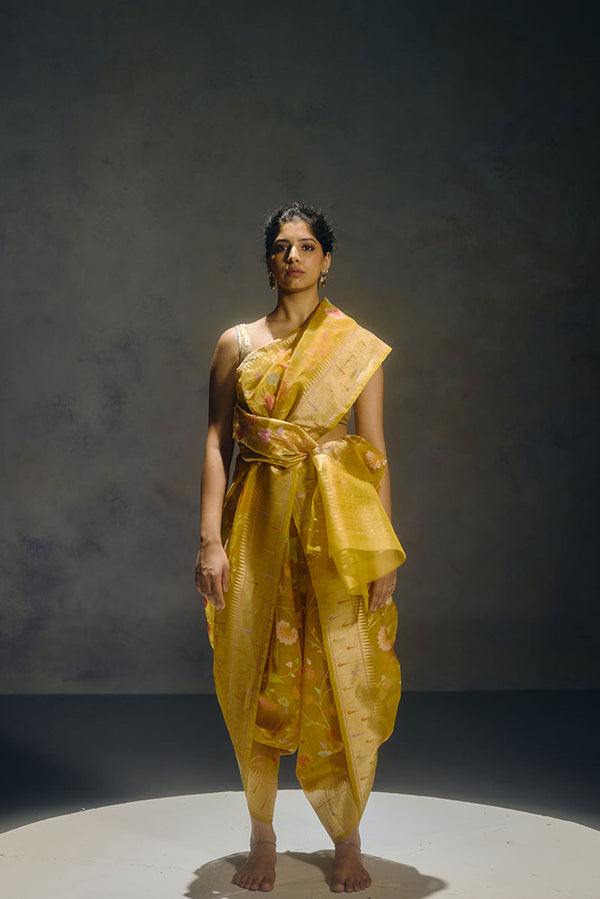 Real Zari Mustard Banarasi Organza Sari