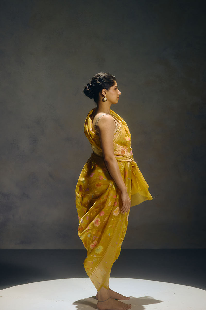 Real Zari Mustard Banarasi Organza Sari